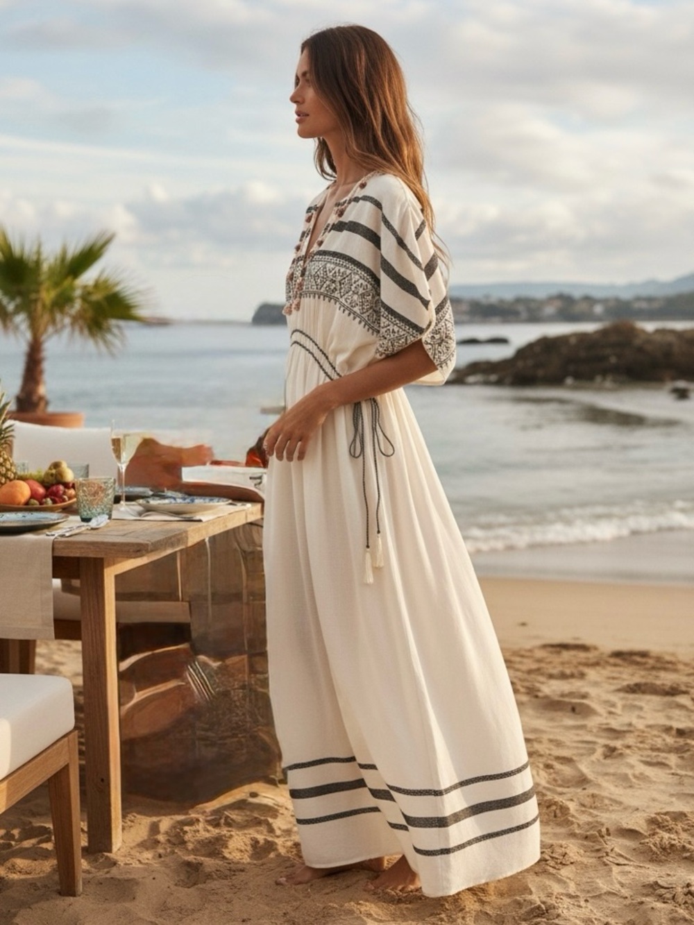 ZARA New Kaftan Maxi Beach Dress Oversized Flowing V-neck Beaded  Embellishment - Picture 7 of 11